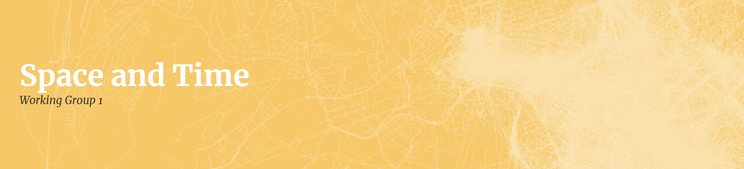 A yellow banner with a map outline and the text 'space and time'